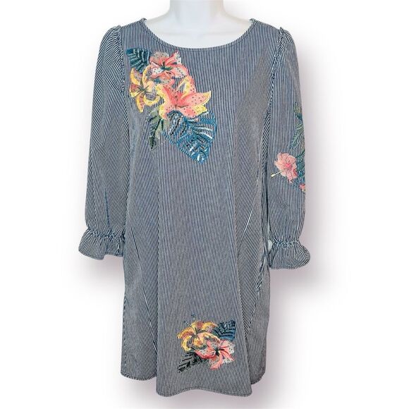 Philosophy Blue Stripe Cotton Floral Embroidered Dress Sequin Accents Pockets S - Picture 1 of 12